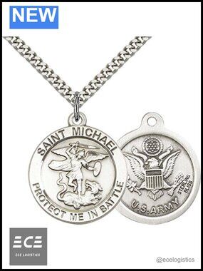 925 Sterling Silver St. Michael Medal Pendant Necklace Curb Chain 24in